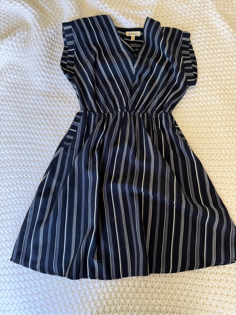 Striped Navy V-Neck Waist-Defined Women's Dress